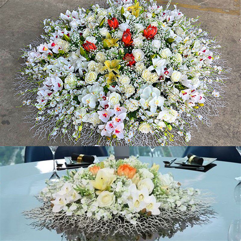 高端酒店桌花插花大圆桌转盘中间装饰餐厅N桌面人造花插花装饰花