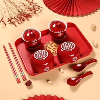 喜碗敬茶杯结婚对碗婚礼红色改口敬酒杯一对陪嫁碗筷杯子茶具套装