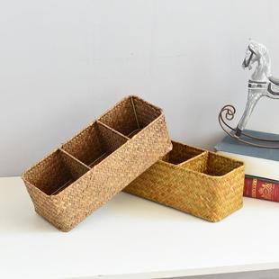 饰品收纳篮 家用桌面分格收纳盒手工海草编织杂物收纳筐酒店复古装