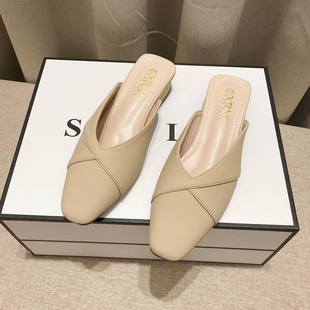 2023春夏季新款时p尚软皮包头拖女外穿粗跟法式半拖中跟试衣鞋拖