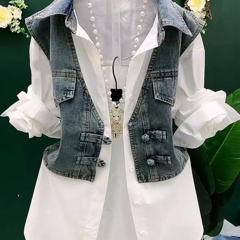 牛仔马甲拼接衬衫假两件套女时尚poElo领纽扣衬衣夏季洋气盘扣衬