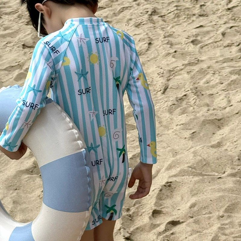 男童泳衣2025新款儿童夏装长袖连体泳装宝宝洋Q气可爱条纹游泳衣