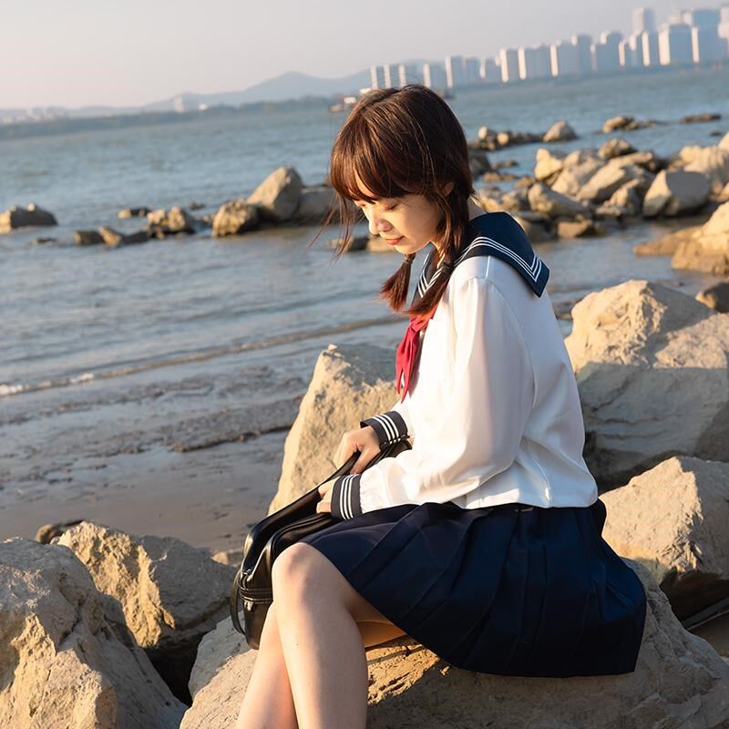 基础款绀色领白i衣收腰水手服关西襟JK制服套装日系校服显瘦中间