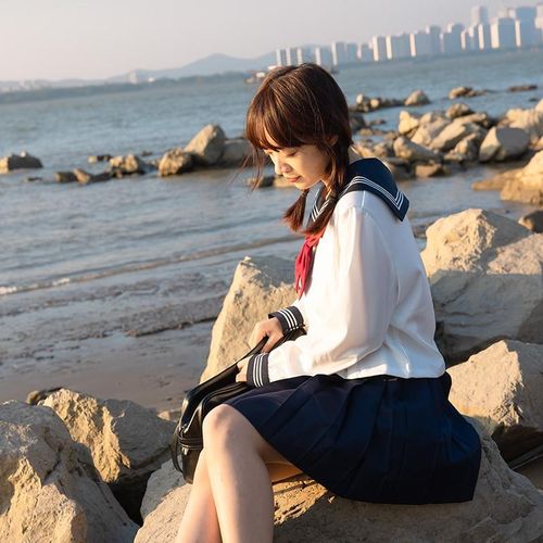 基础款绀色领白i衣收腰水手服关西襟JK制服套装日系校服显瘦中间