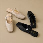 外穿G平底懒人半包拖大码 水钻扣一字带绸缎面包头拖鞋 女夏季 41—4