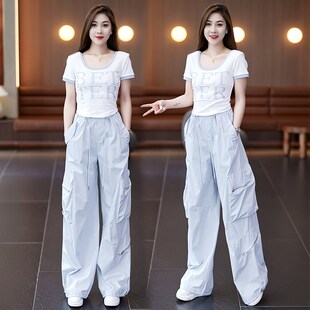 多巴胺工装裤套装女夏季两件套薄款2025新款运动休U闲火龙果阔腿