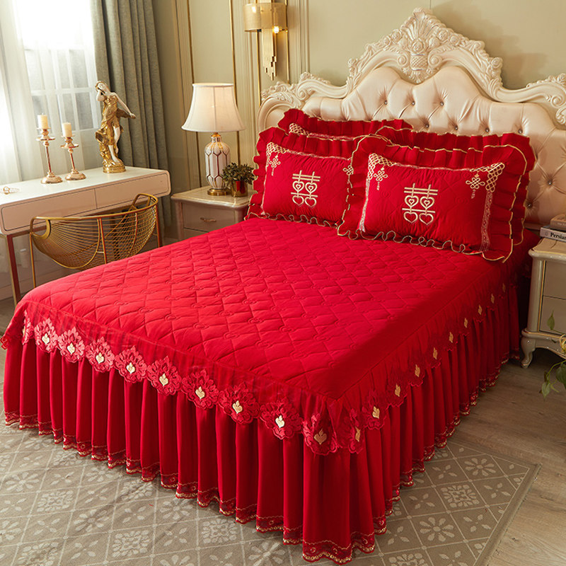 中式婚嫁a全棉婚庆大红四件套床裙款刺绣花喜被套结婚床上用品,床上用品,婚庆床品套件,淘宝优惠券,粉丝福利购,淘宝优惠卷