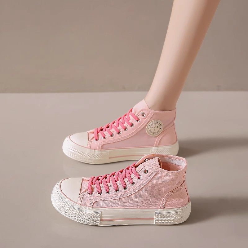 高帮平底帆布鞋女2025年秋季新款粉F色运动休闲板鞋百搭软底小白,女鞋,高帮鞋,淘宝优惠券,粉丝福利购,淘宝优惠卷