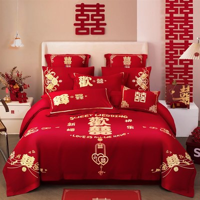 婚庆四件套120S长绒棉大红色纯棉磨毛被套结婚六件套床盖床上用品