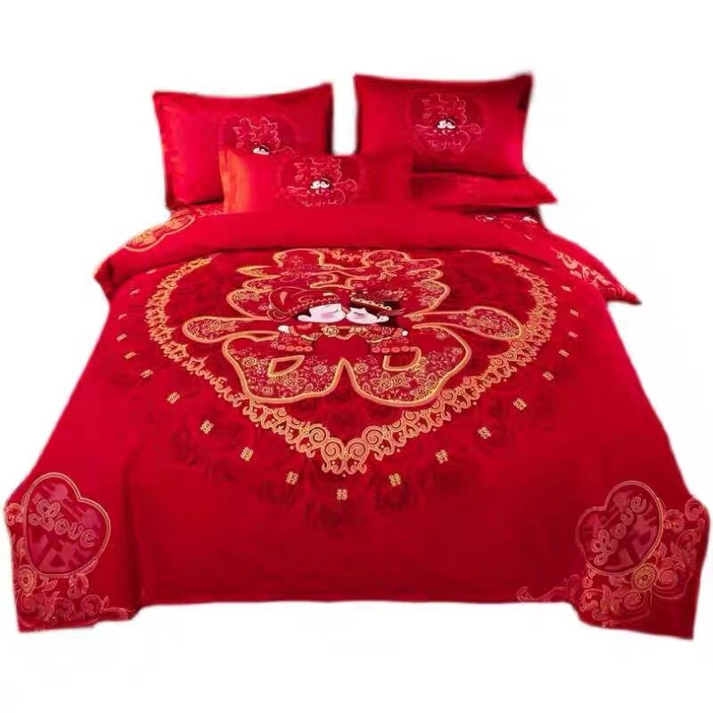 婚庆四件组全棉大红色q牀单被套结婚陪嫁套件龙凤新婚牀上用品,床上用品,婚庆床品套件,淘宝优惠券,粉丝福利购,淘宝优惠卷