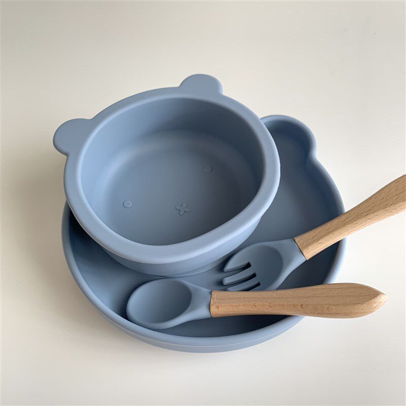 ins宝宝硅胶辅食碗婴儿学吃饭吸盘E式餐具儿童防摔木柄勺餐盘套装