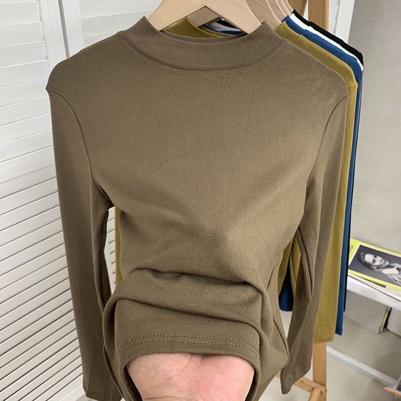现货欧货半高领春秋款纯色大码内搭长H袖打底衫t恤女显瘦百搭洋气