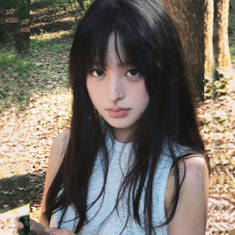 假发女中长发JK锁骨发空气浏海自然蓬H松学生圆脸修脸长直发全头