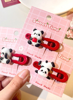 可爱熊猫发卡新年儿童发夹侧边刘海夹碎发夹红色过年氛围感