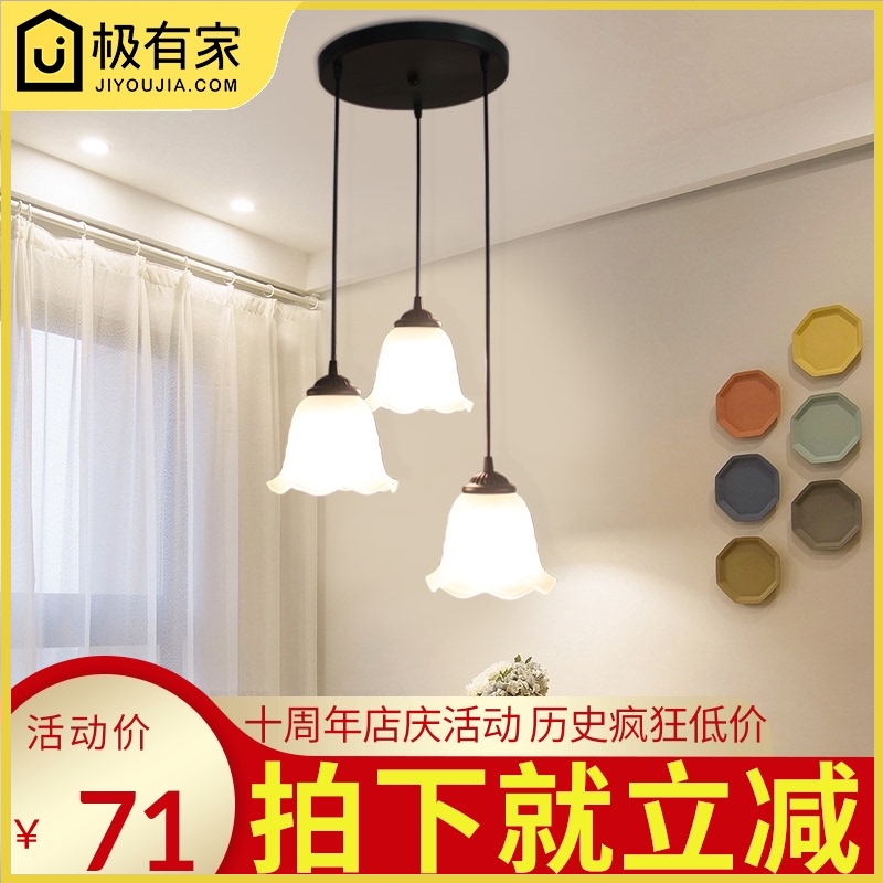 餐厅灯欧式餐吊灯k吸顶灯具鱼线三头铁艺灯饰简约美式现代吧台饭