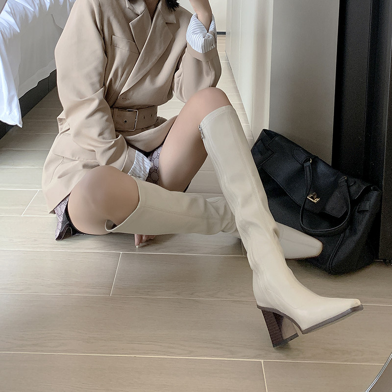 chic 强推~显腿长!米白色方头高跟粗跟瘦瘦高筒靴不Y过膝弹力长靴