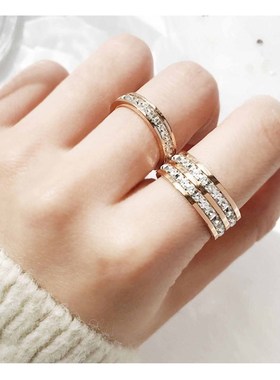 大码大号情侣女戒指食指中指玫瑰金单排钻双排简约钛钢镶钻粗手