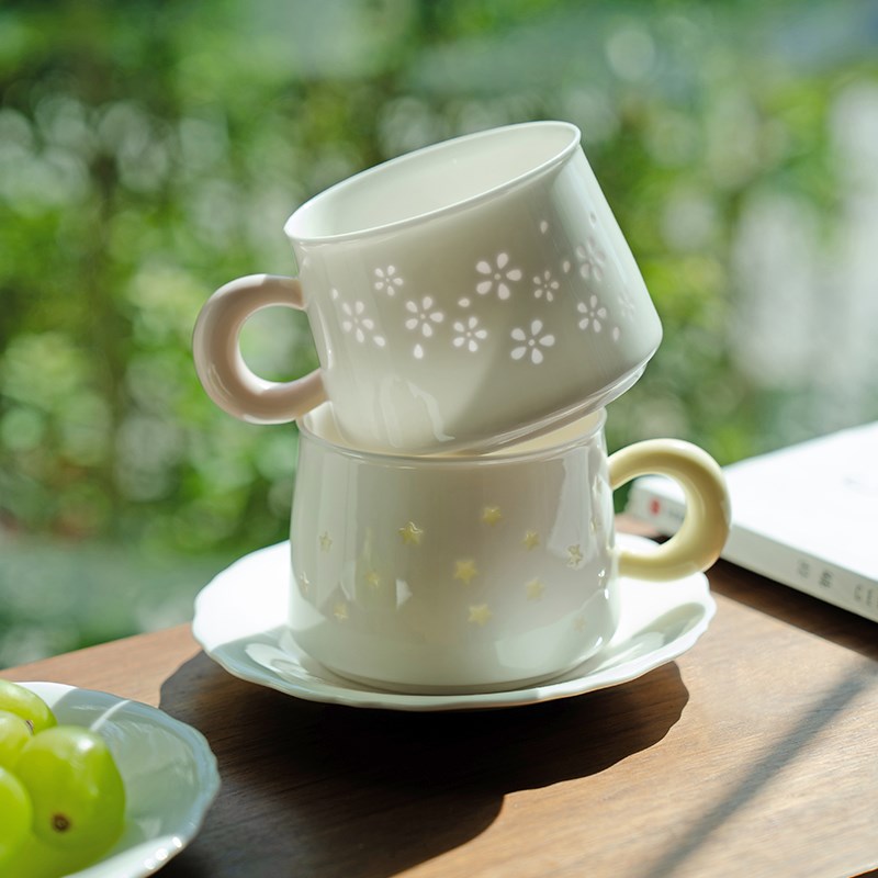 昌朴居白瓷马克杯玲珑杯雏菊粉猫尾咖啡杯陶瓷泡茶杯水杯牛奶简约