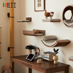 RTT黑胡桃实木猫爬架猫窝一体墙壁式不占地实木猫抓柱猫跳台