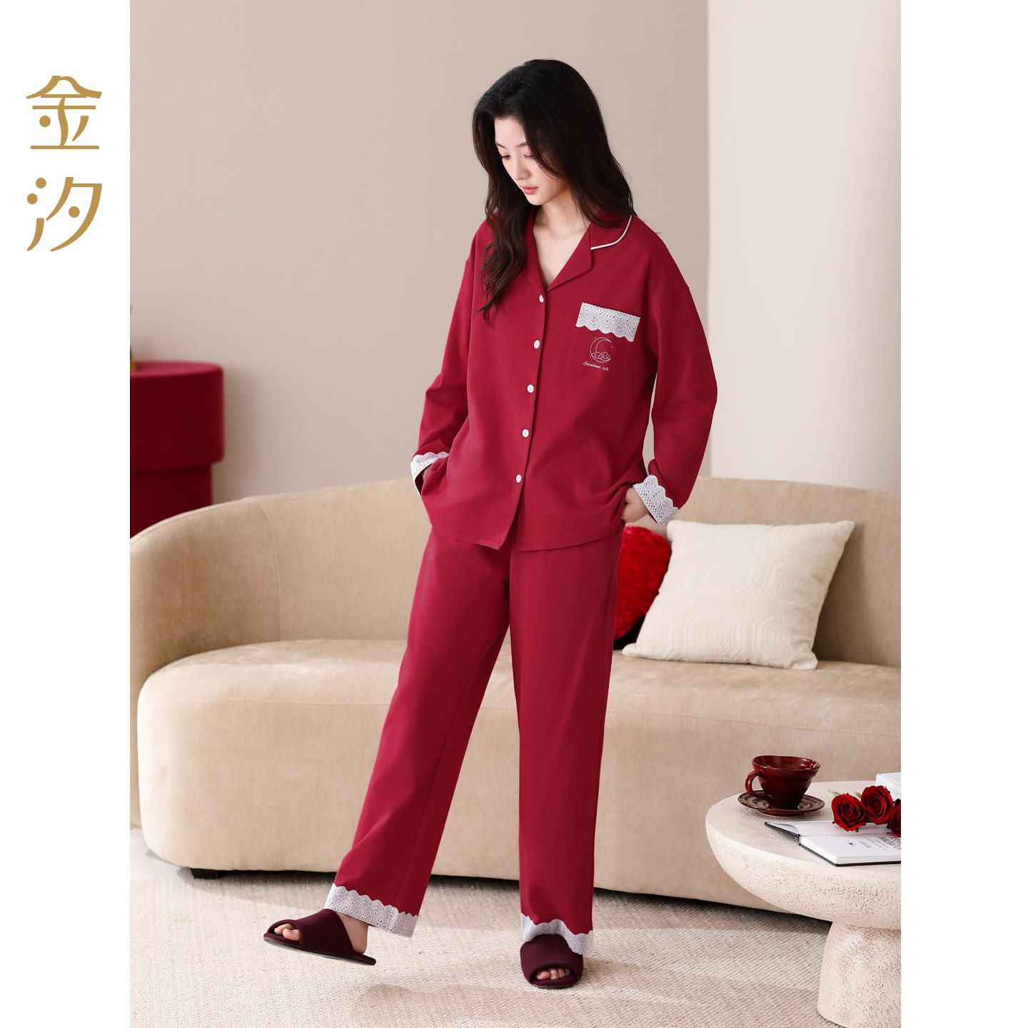大红色喜庆睡衣女纯棉新款套装春秋长袖长裤家居服结婚外穿本命年