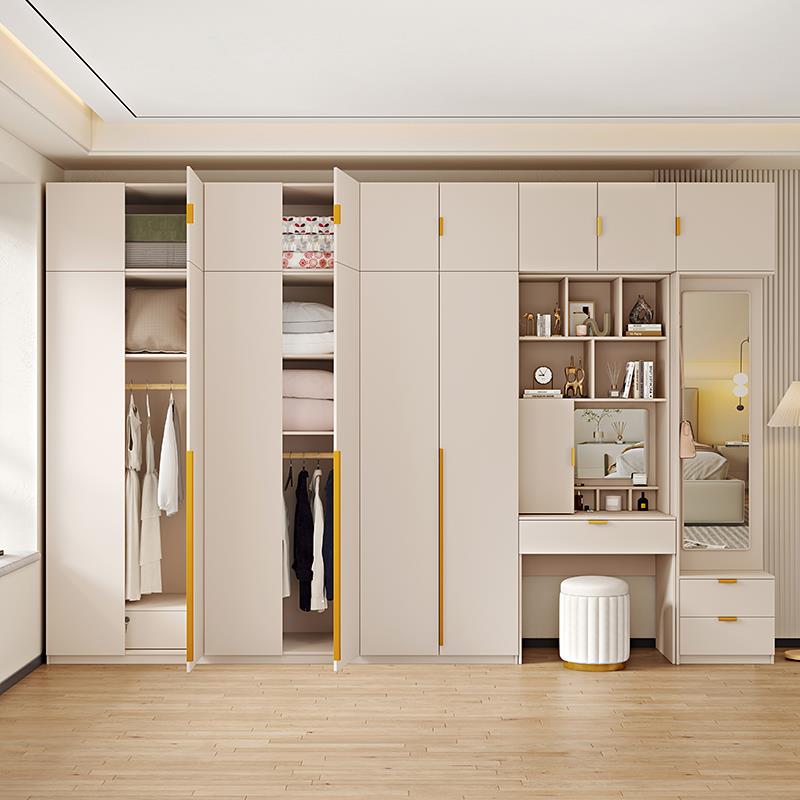 9C奶油风衣柜家用带穿衣镜电脑桌梳妆台一体组合卧室柜子储物大衣