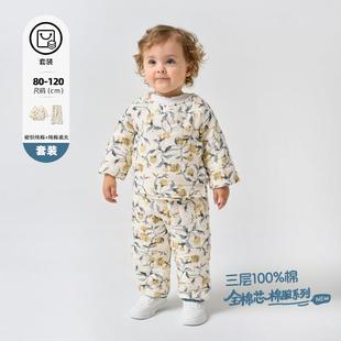 秋冬分体夹棉衣服 女宝宝保暖加厚儿童棉衣棉裤 婴幼儿棉服套装 冬装