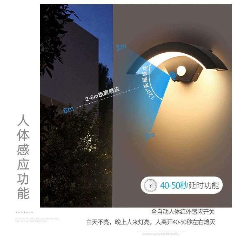 led户外防水人体感应壁灯庭院简约创意室外阳台门口月亮形墙壁灯
