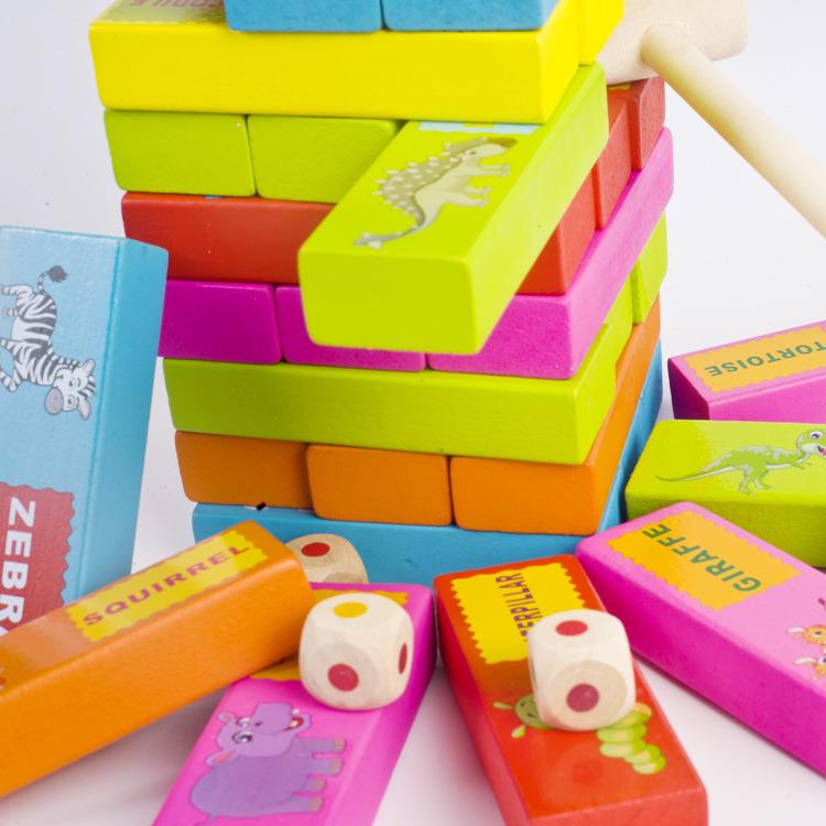 54片彩色层层叠 儿童木制动物英文认知叠叠高抽积木 成人桌面游戏
