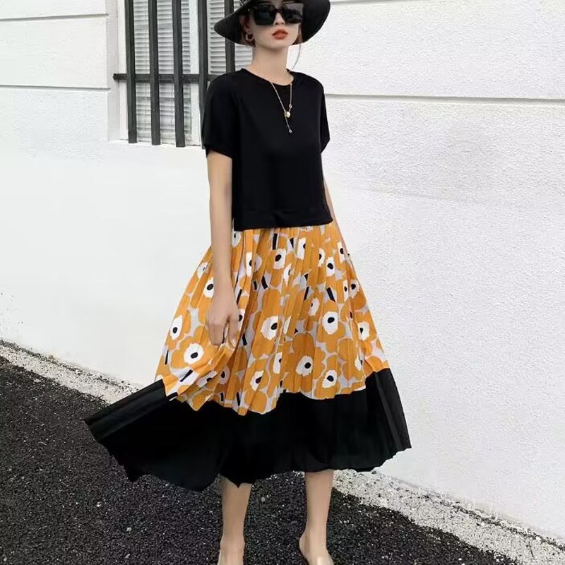 2025年夏季新款法式气质雪纺裙温柔风大码百褶连衣裙女中长款裙子