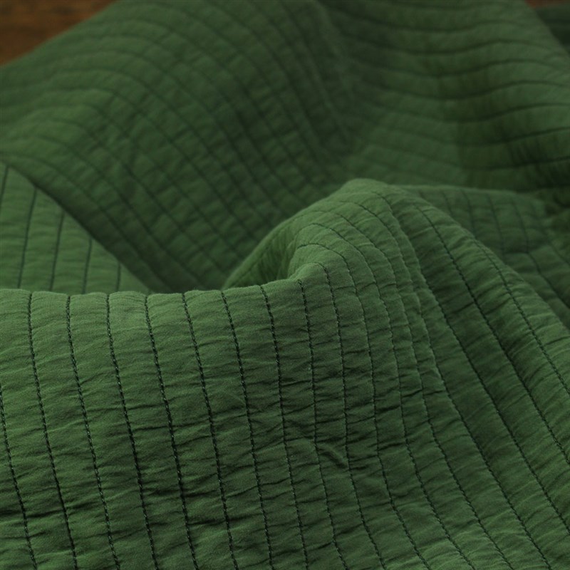 瓦娜包邮双层绗棉秋冬面料纯棉条纹砂洗袍外套裙子服装布炒色绿色