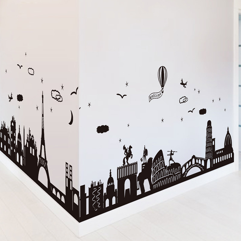 墙贴纸贴画黑白剪影建筑踢脚线墙角线腰线贴墙纸自粘宿舍装饰创意,家居饰品,软装墙贴,淘宝优惠券,粉丝福利购,淘宝优惠卷