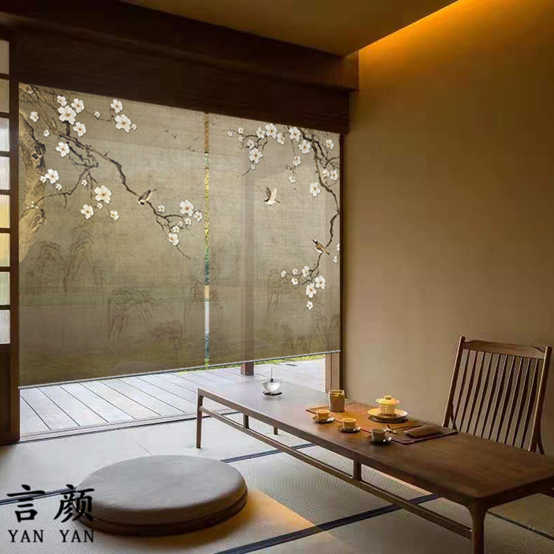 新中式茶室花鸟半透明挂帘办公室电动升降禅意卷帘美容院软隔断帘,居家布艺,卷帘,淘宝优惠券,粉丝福利购,淘宝优惠卷