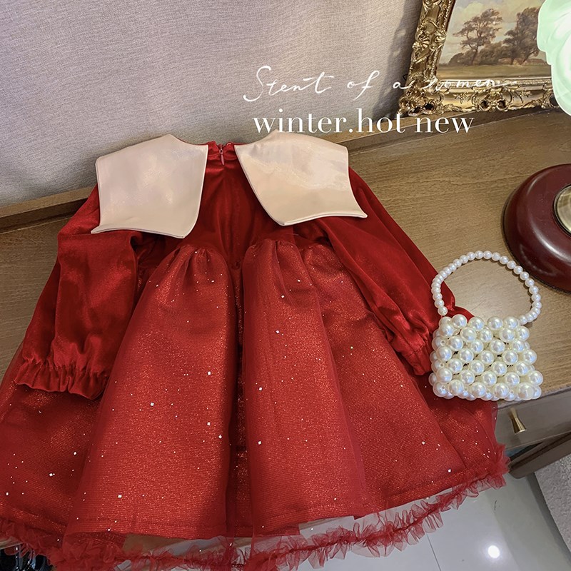 女童冬装连衣裙加绒加厚2023新款儿童新年红裙公主裙宝宝洋气裙子