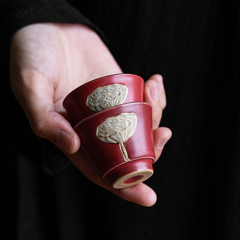 宫墙红莲生吉祥品茗杯杯垫复古描金莲蓬粗陶小茶杯功夫茶具杯托