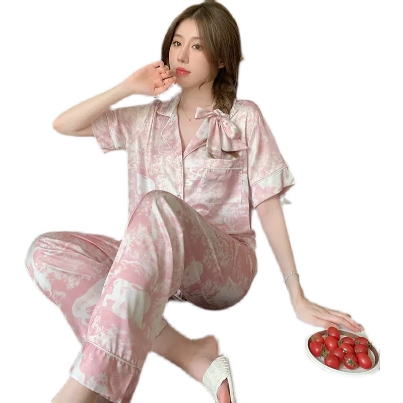 真丝睡衣女2025年新款夏季奶泡碎冰蓝短袖长裤两件套家居服套装薄