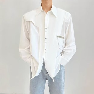 高級感工裝 男解構設計感拼接寬松長袖 禁欲系鏈條襯衣薄款 外套 襯衫