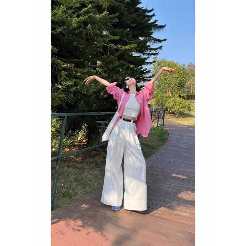 韩系套装女春季粉色长袖衬衫内搭吊带背心白色休闲阔腿长裤三件套