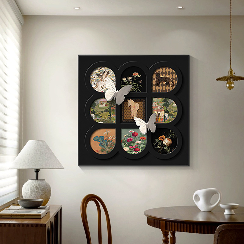 中古风方形蝴蝶餐厅画装饰画客厅沙发背景墙挂画玄关卧室床头壁画图片