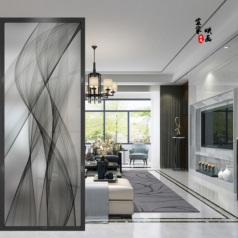 艺术玻璃屏风客厅玄关卧室隔断遮挡双面磨砂透光新中式彩绘荷花图