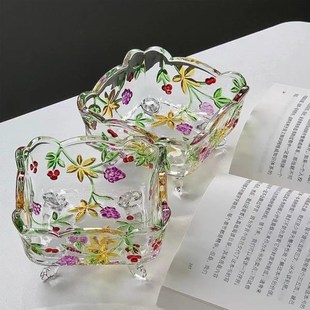 彩绘葡萄四方玻璃果盘干果碗甜品碗家用客厅茶几小果斗水果碗 新款