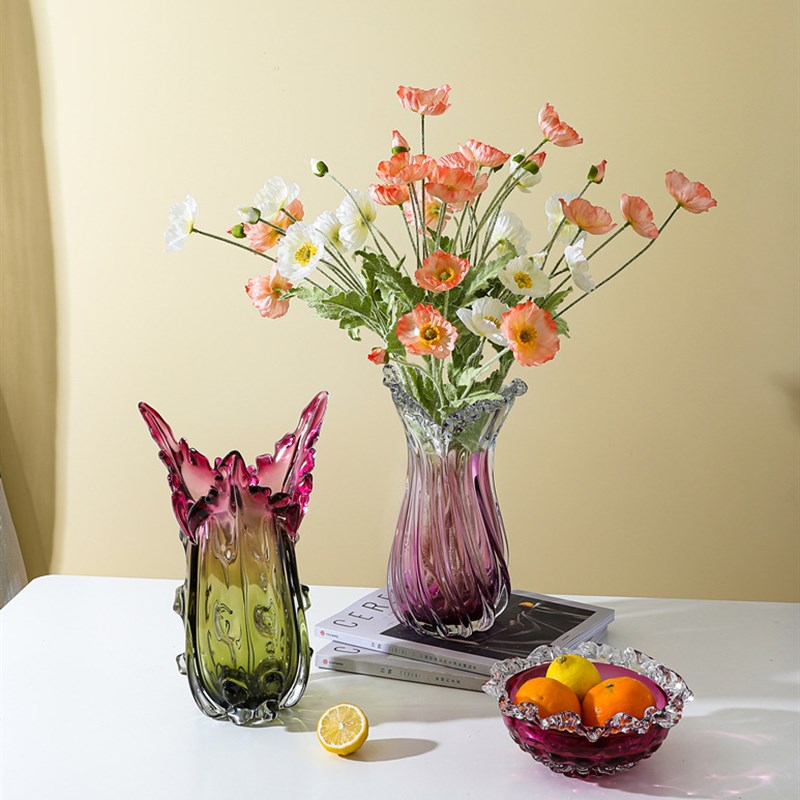欧式网红粉色玻璃花瓶水果盘插花器居家客厅套装饰品摆件