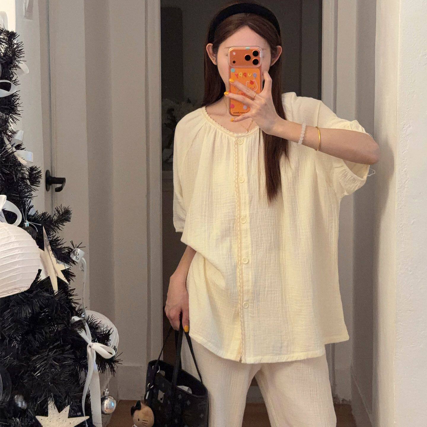 蕾丝边睡衣女婴儿棉纯色家居服