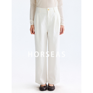 海边的马/HORSEAS 汉麻直筒裤女士通勤风白色休闲长裤子秋季新品