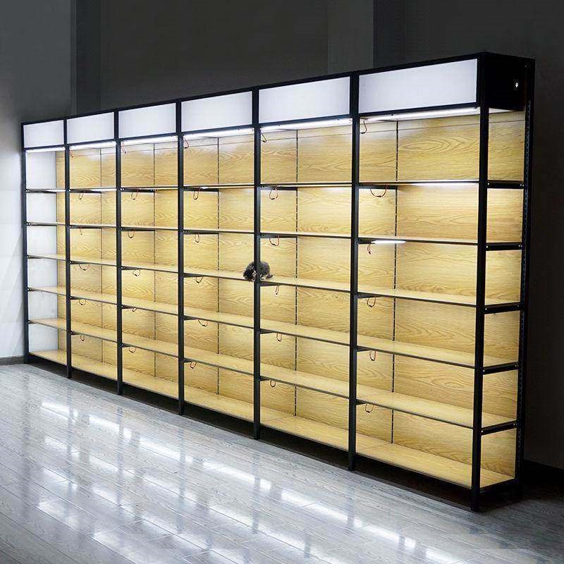 带灯超市货架仿木纹展示架节零食文具多层置物架T单面带灯箱可调