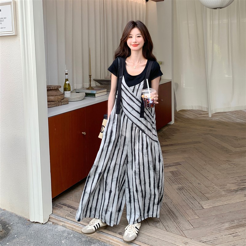 设计感晕染条纹背带裤女2025年夏季新款韩系慵懒T风宽松显瘦阔腿