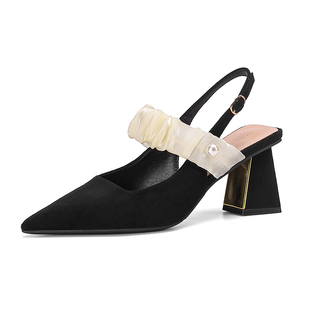 法式气质小众高跟鞋女2023年春夏季新款黑色P鞋子包头凉鞋粗跟单