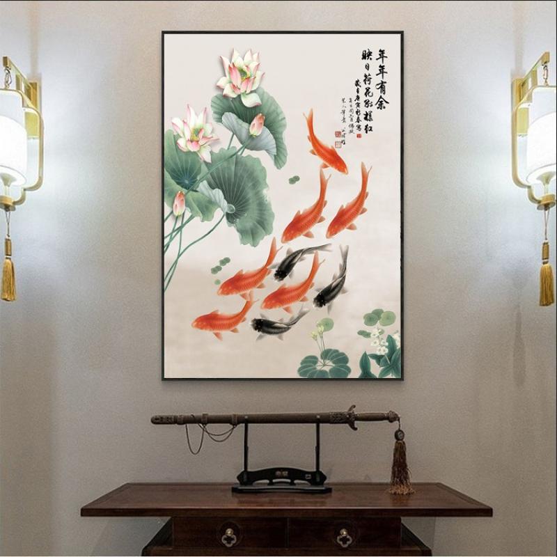 连年有余九鱼图装饰画客厅餐厅墙壁画玄关过Q道竖款挂画 九鱼图