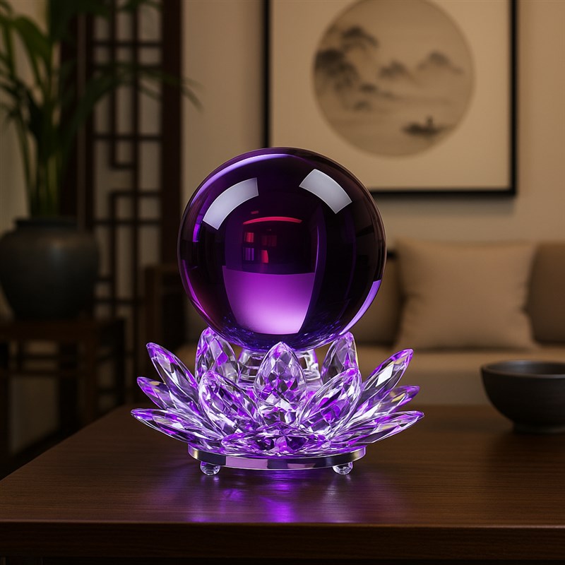 紫色水晶球摆件水晶莲花底座客厅装饰办公室摆设S新居乔迁礼物开