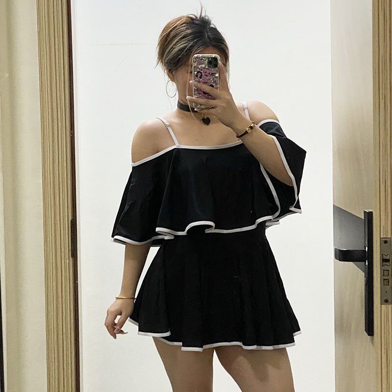 大码泳衣 女200斤可穿显瘦遮肉B荷叶边连体平角裤钢托温泉度假泳