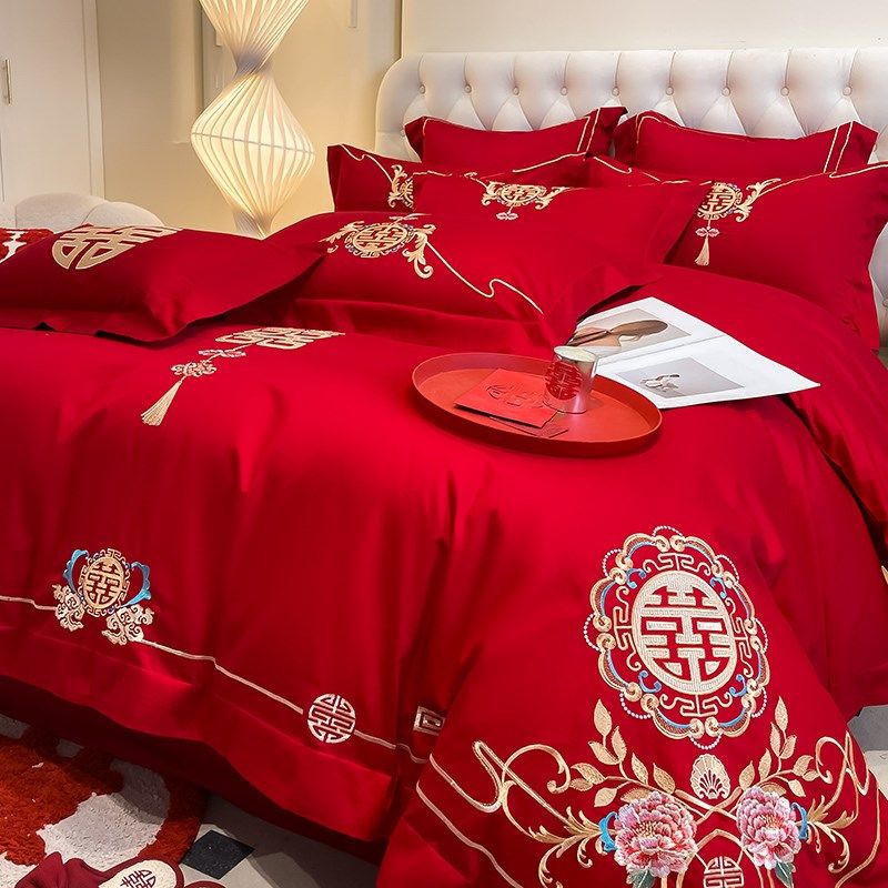 高级感婚庆四件套红色结婚刺绣被套H床单婚礼喜被床上用品婚嫁,床上用品,婚庆床品套件,淘宝优惠券,粉丝福利购,淘宝优惠卷